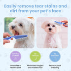 We Love Doodles tear stain remover brush being cleaned under running water for hygienic pet care.
