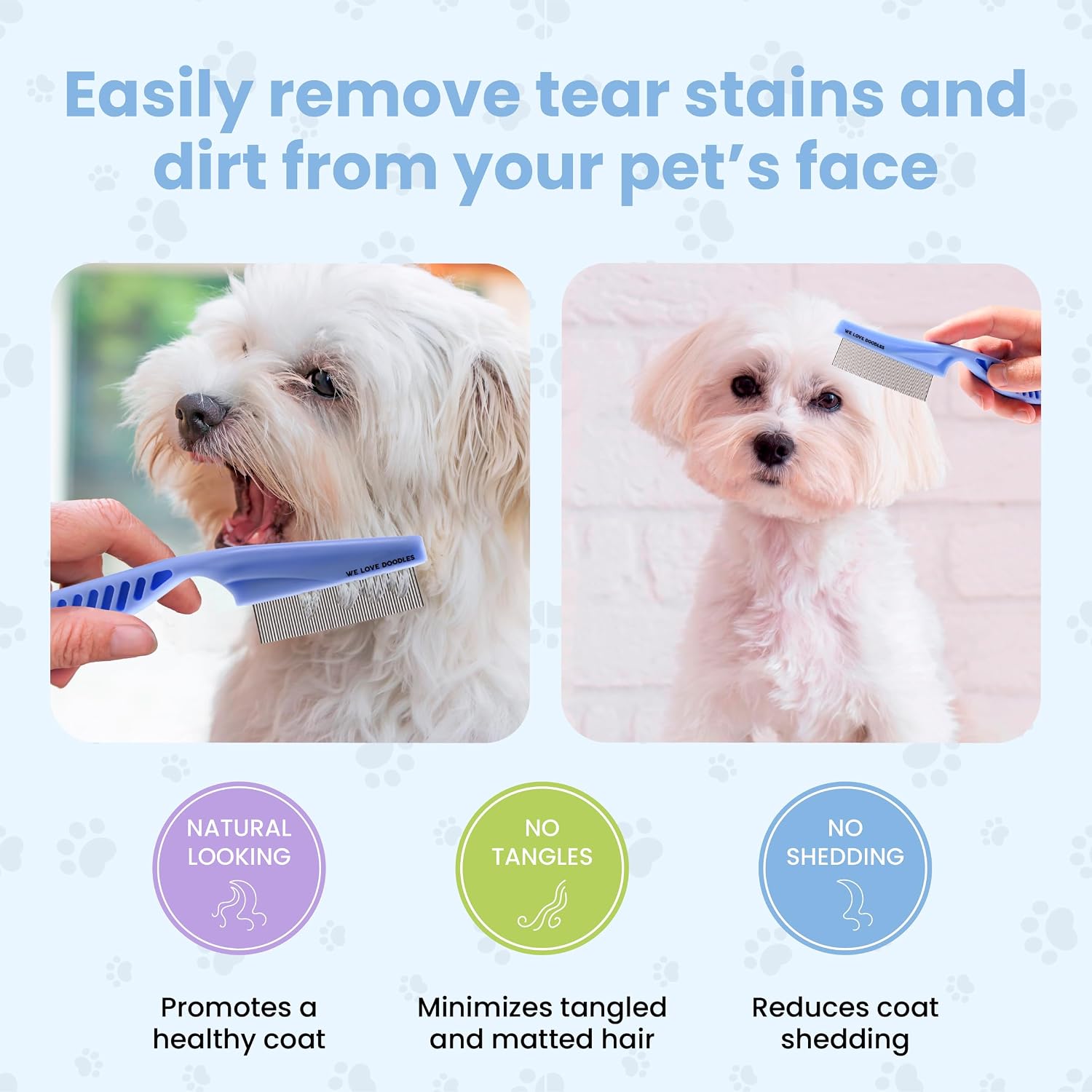 We Love Doodles tear stain remover brush being cleaned under running water for hygienic pet care.