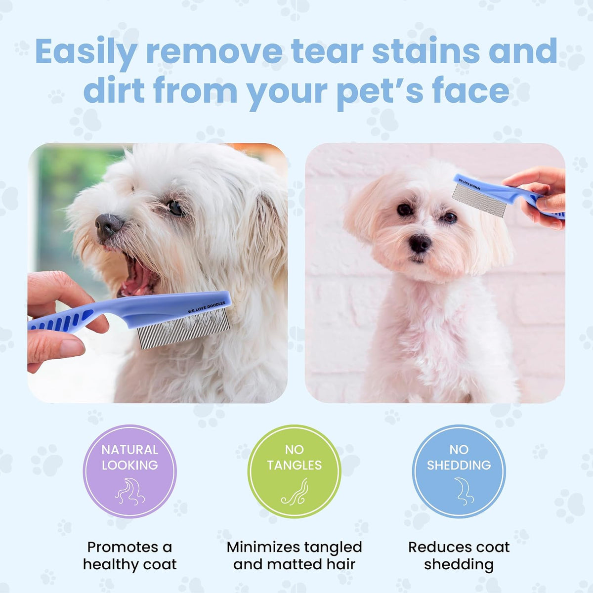 We Love Doodles tear stain remover brush being cleaned under running water for hygienic pet care.
