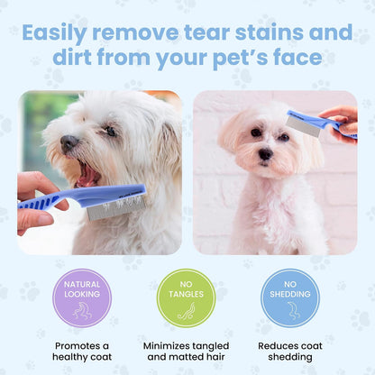 We Love Doodles tear stain remover brush being cleaned under running water for hygienic pet care.
