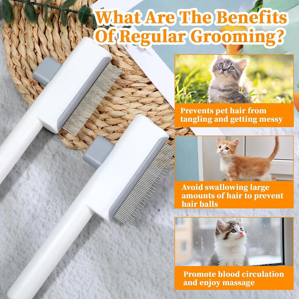 Dual pack of YBEATY white fine tooth grooming combs displayed together for cats and dogs.
