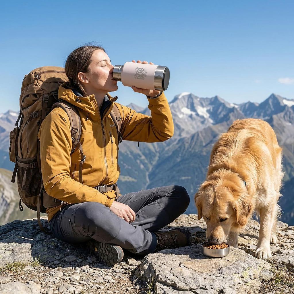 FUYEC portable pet water dispenser being carried easily by its heavy duty top carabiner clip