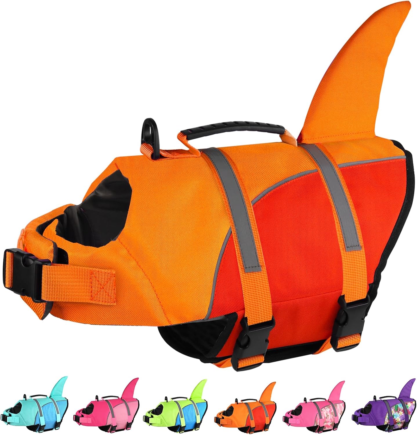 Doglay shark fin pet life preserver showing five size options for small medium and large dogs