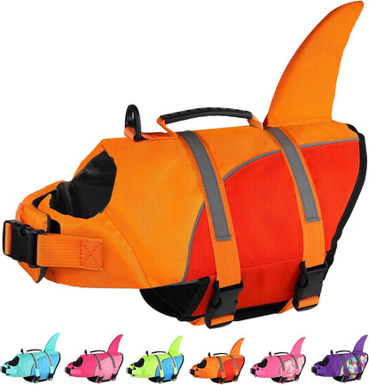 Doglay shark fin pet life preserver showing five size options for small medium and large dogs