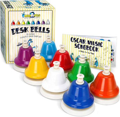 MiniArtis desk bells for kids showing the complete eight note colorful metal set arranged in a semicircle front view.