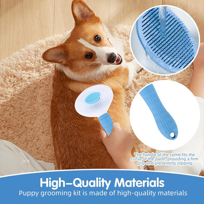 Aglads self cleaning pet brush packaged view highlighting the soft skin protective tips.