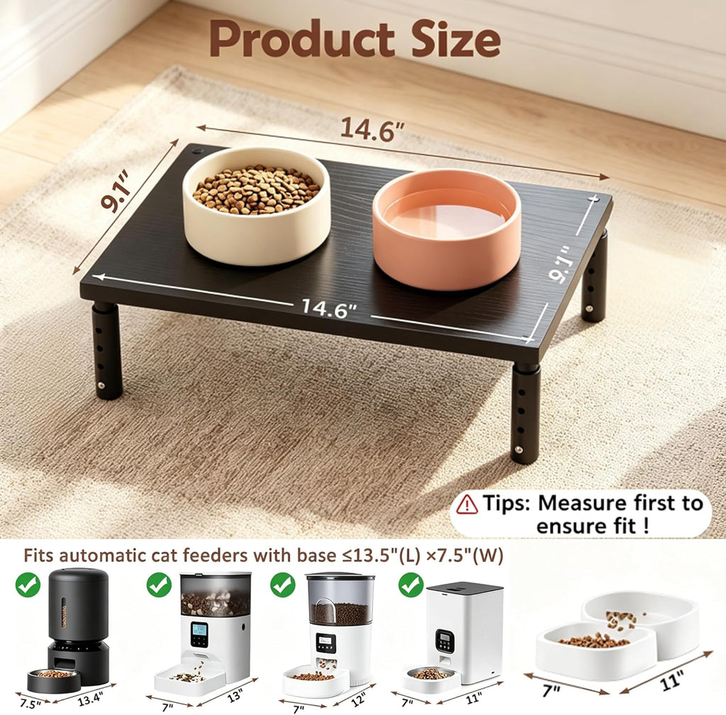 OPNICE raised pet feeder table showcasing waterproof wooden top surface