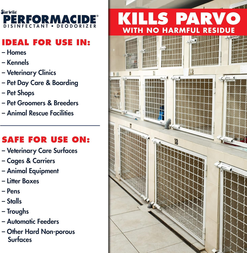 Star Brite Performacide veterinary grade disinfectant displayed in kennel setting