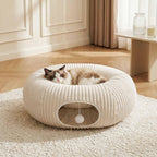 Close-up of the durable corduroy fabric material and secure stitching on the white medium cat tunnel
