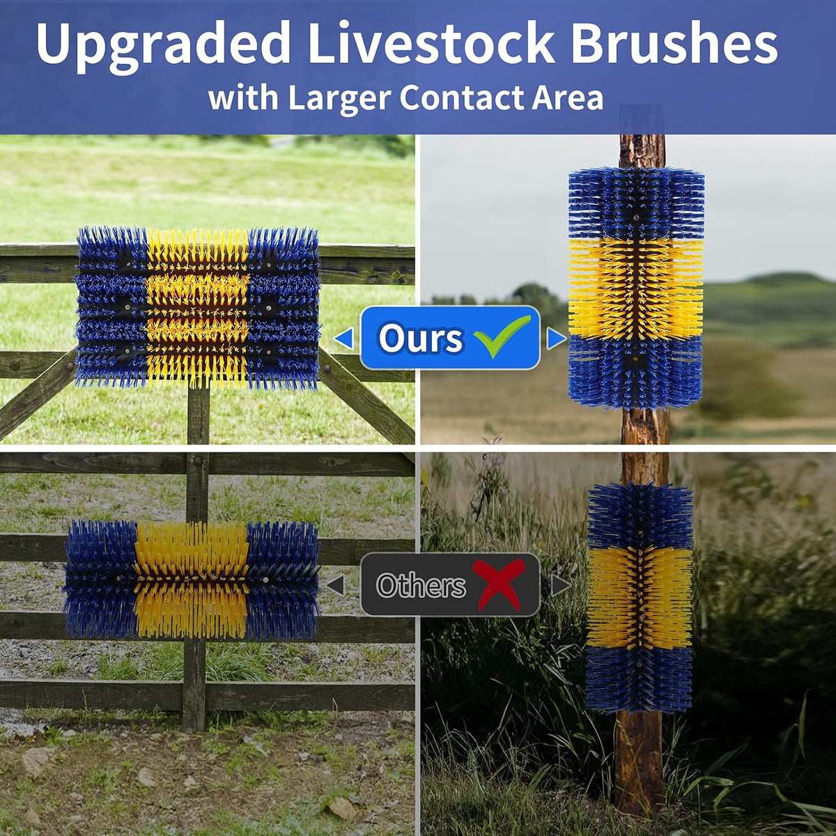 Close up of blue and yellow nylon bristles for cattle