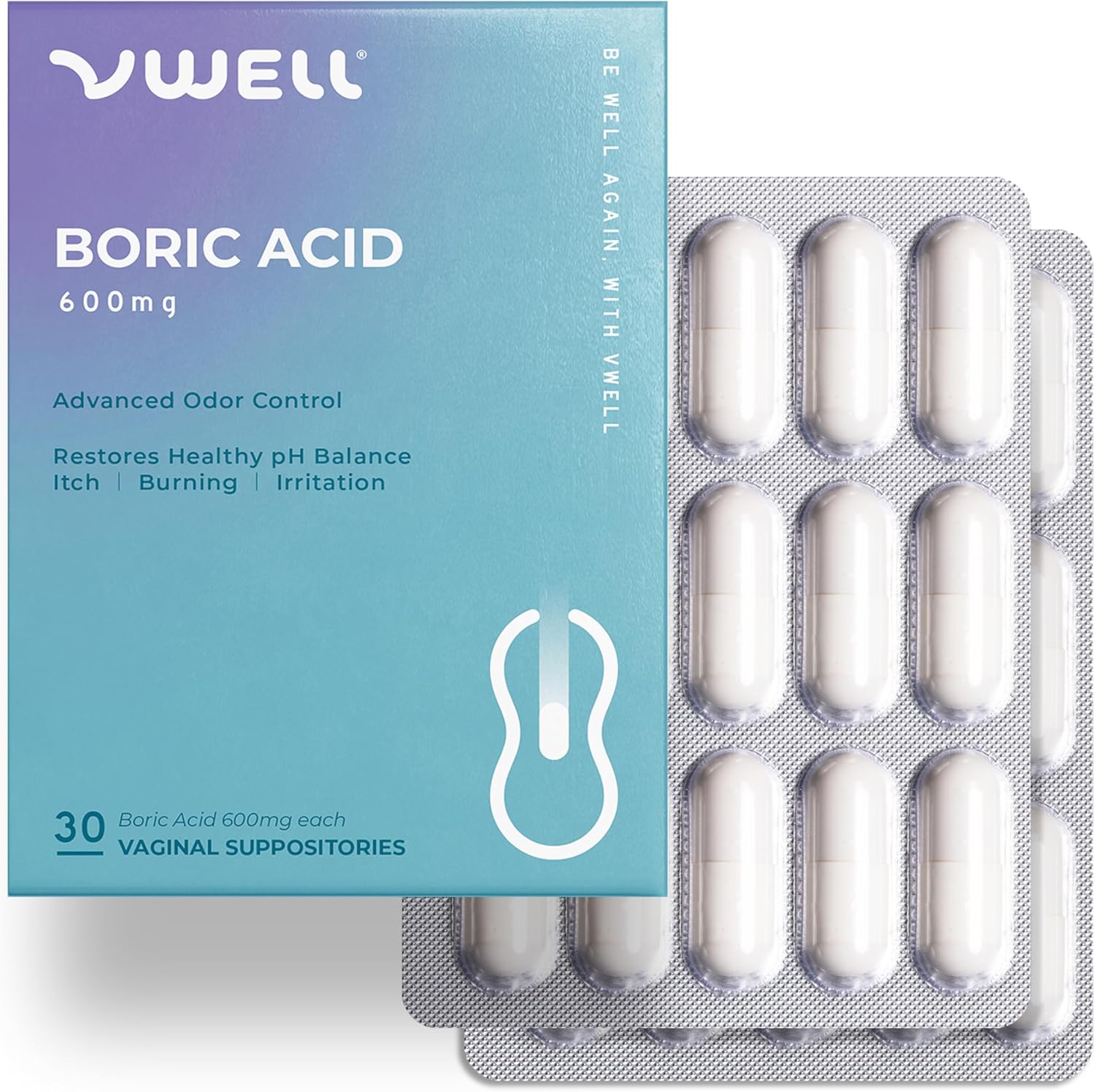 Vwell Boric Acid Vaginal Suppositories front packaging view