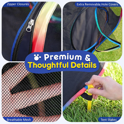 Portable pet playpen collapsed and packed for travel and camping trips.