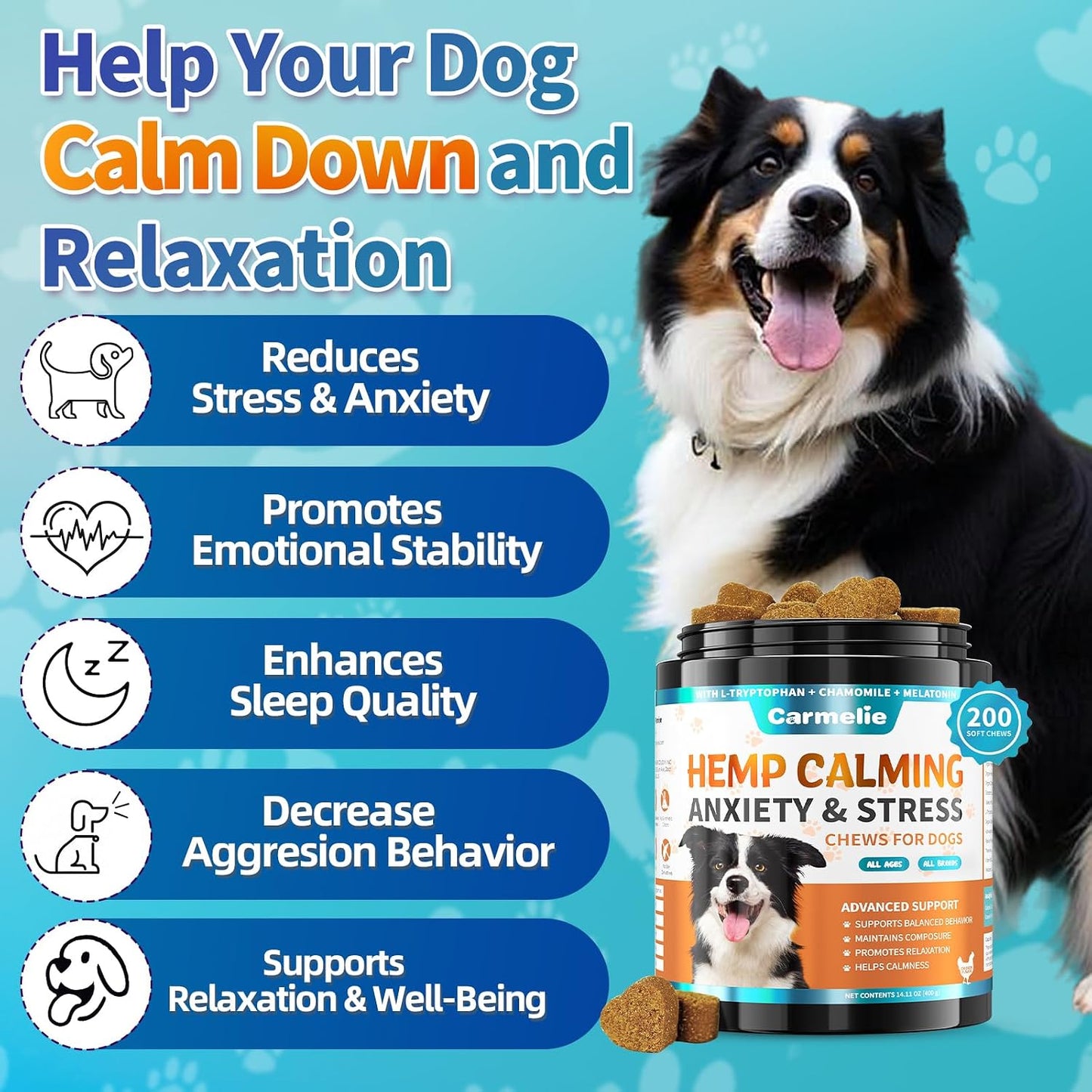 Carmelie dog calming treats container premium usa imported stress relief chews