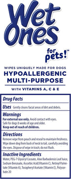 Wet Ones dog wipes enriched with vitamins A C and E label view