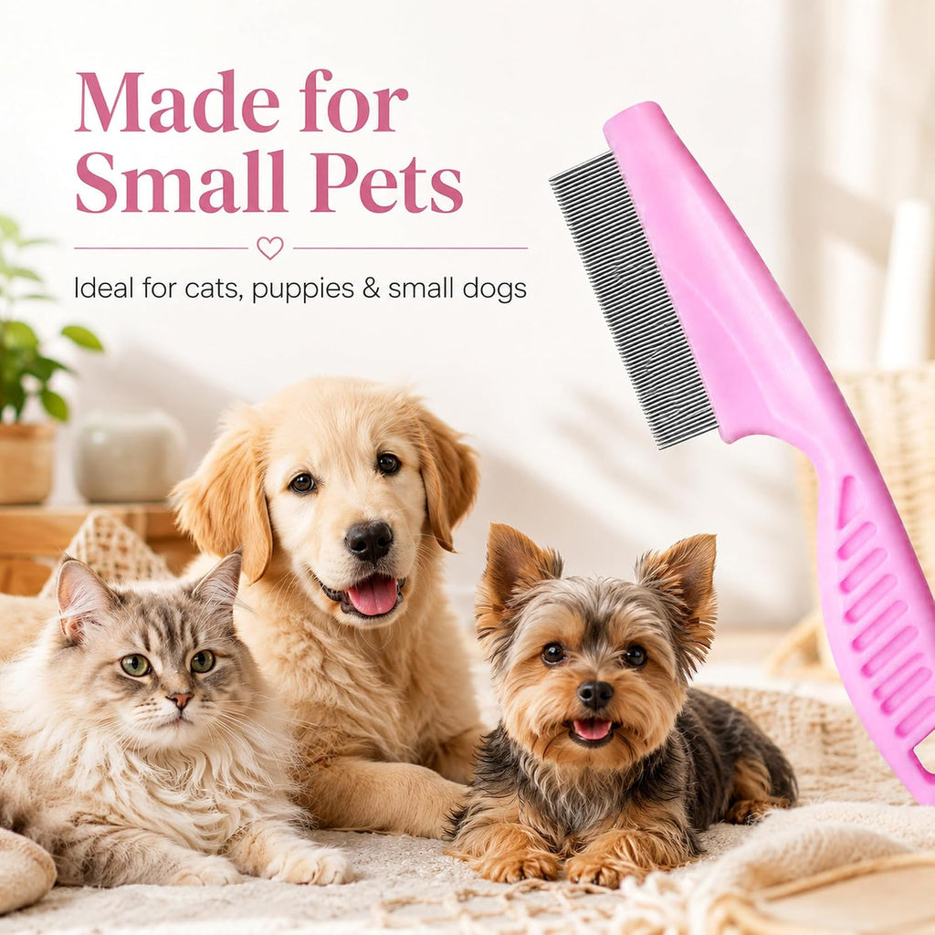Small fine tooth pet grooming comb stainless steel teeth detail.