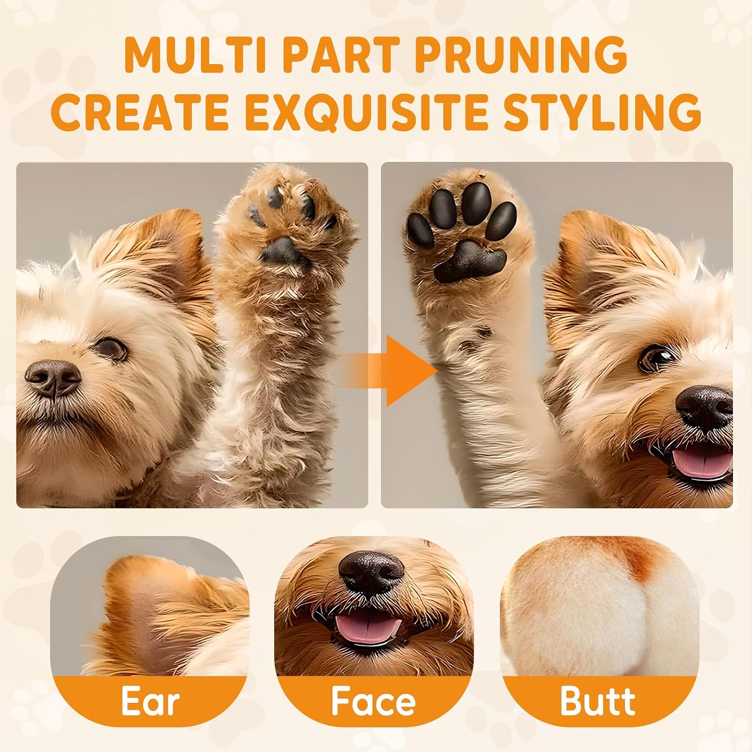 Low noise pet grooming tool on a white background showing the power button and indicator.