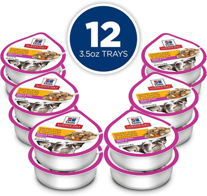 USA imported wet dog food for senior small dogs aged seven plus showing real chicken gravy texture.