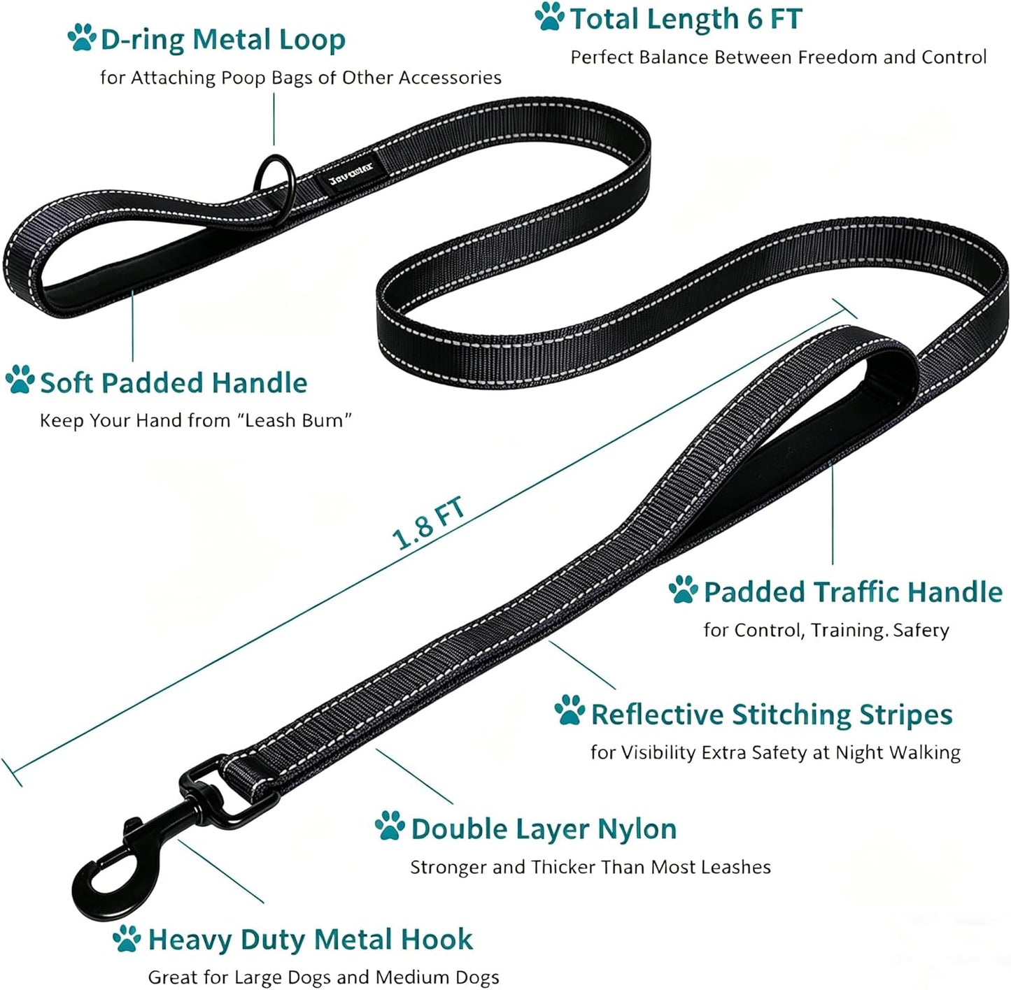 Close up of the neoprene padded traffic handle on the Jewoster six foot dog lead.