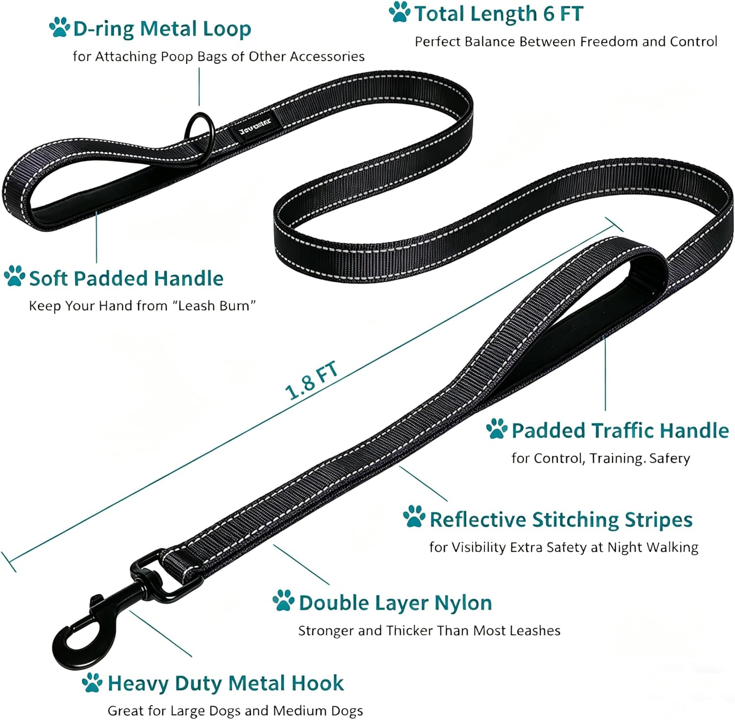 Close up of the neoprene padded traffic handle on the Jewoster six foot dog lead.