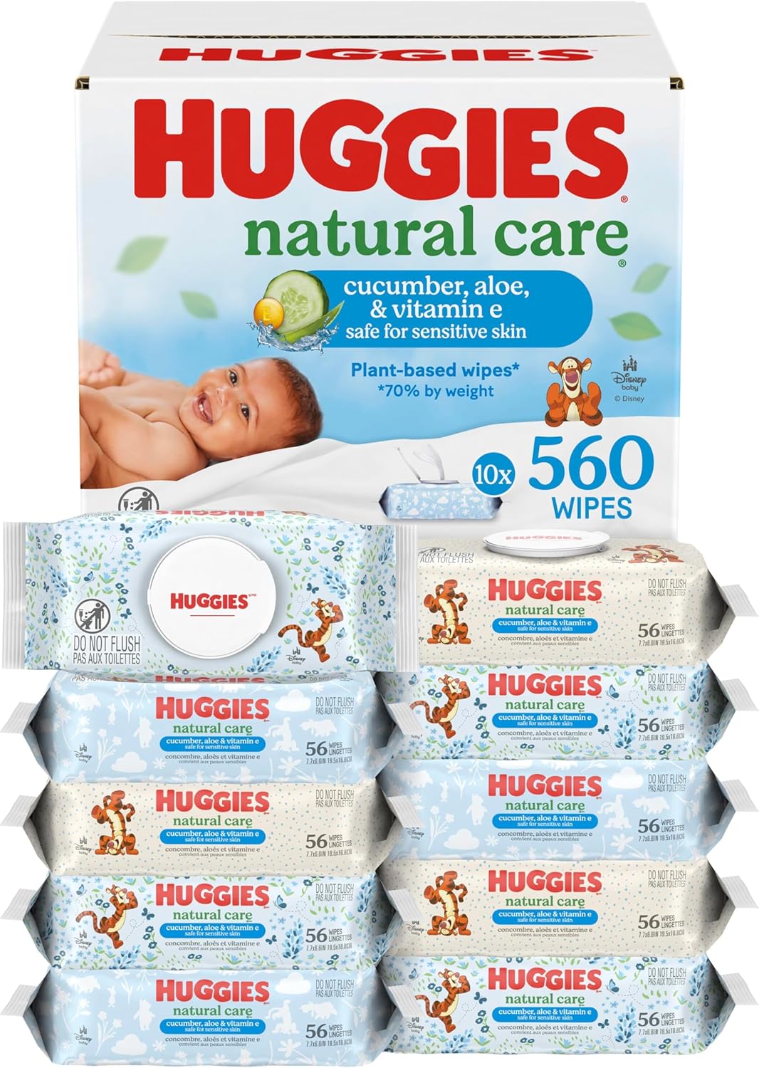 Huggies Natural Care Cucumber, Aloe and Vitamin E Baby Wipes, Hypoallergenic, Scented, 10 Flip-Top Packs (560 Wipes Total), Packaging May Vary - Image 1