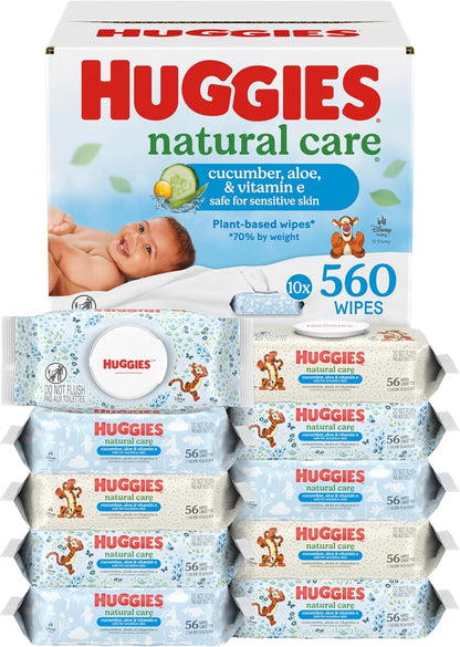 Huggies Natural Care Cucumber, Aloe and Vitamin E Baby Wipes, Hypoallergenic, Scented, 10 Flip-Top Packs (560 Wipes Total), Packaging May Vary - Image 1
