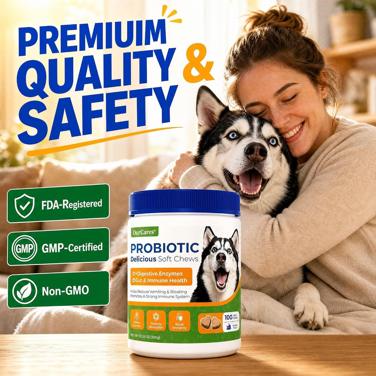 Size comparison of the 1.59 ounce OurCares dog probiotic chewable treats for sensitive stomach maintenance.