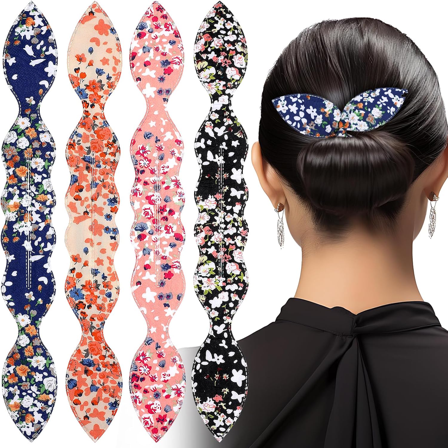 Lnngub deft hair bun maker front view showing floral print patterns