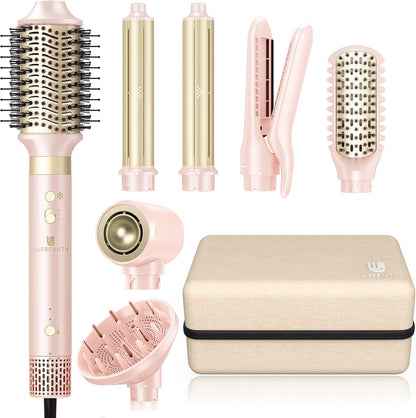 Webeauty 8-in-1 dual voltage hair dryer brush front view showcasing the sleek pink styling wand handle.