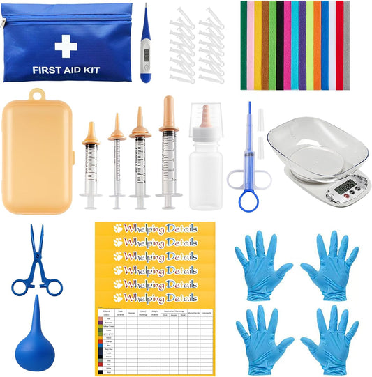 Zonexchic 52 Pieces Puppy Whelping Supplies Kit front view showing blue storage bag and digital scale