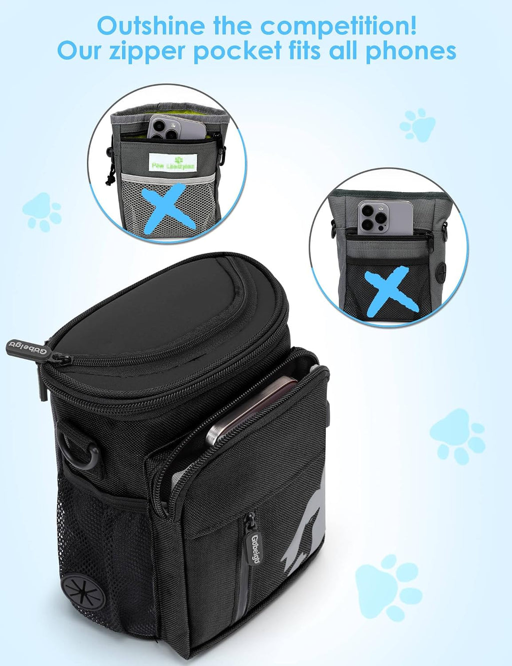 Gobeigo wearable pet fanny pack showing three ways to wear straps