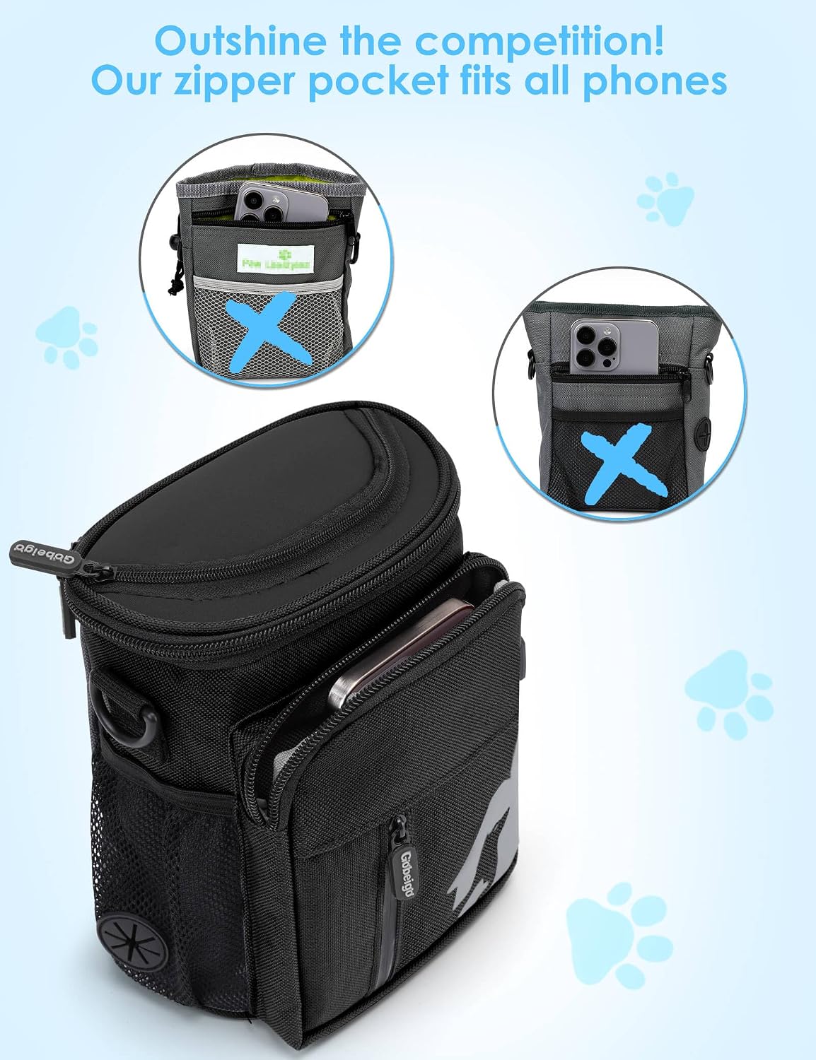 Gobeigo wearable pet fanny pack showing three ways to wear straps