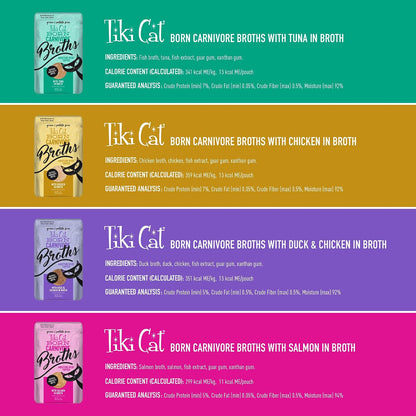 Tiki Pets savory broths with real shredded meat bites poured over dry cat kibble.