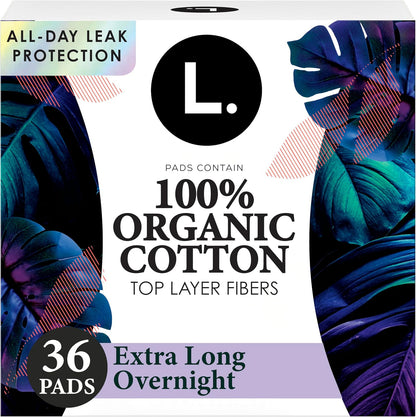 L. Ultra Thin Pads front view of 36 count box showing organic cotton top layer.