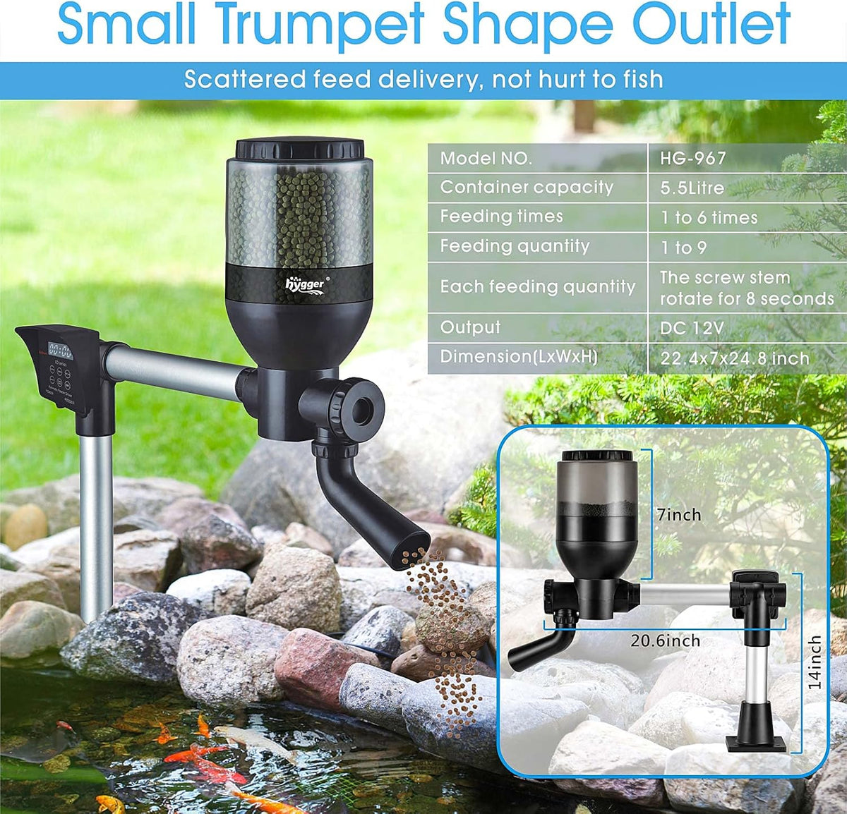 Hygger pond fish feeder angle shot showing translucent food hopper and protective rain guard