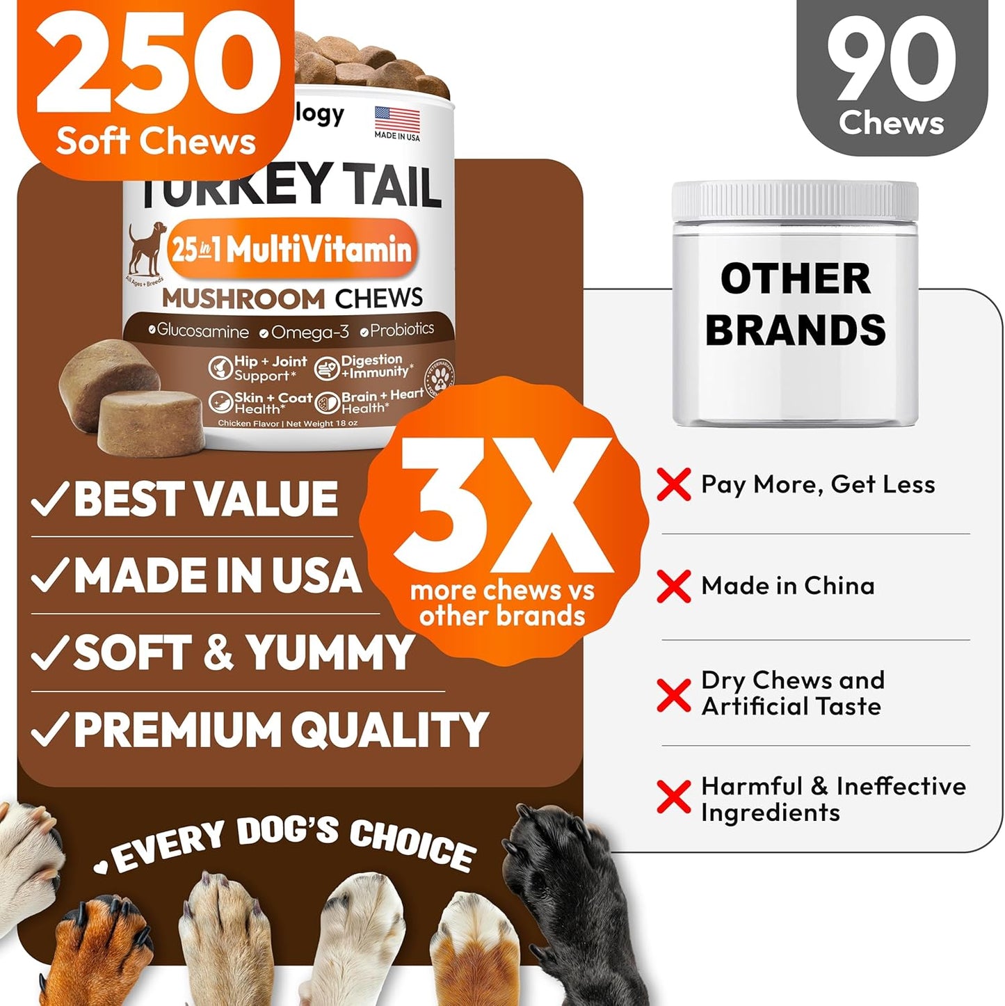 Petsology 25-in-1 dog multivitamin chews ingredient list showing Glucosamine and Reishi.