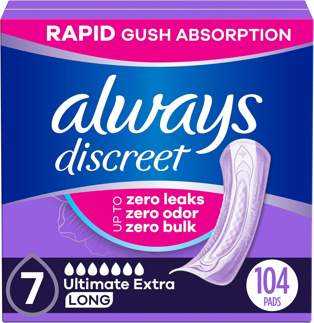 Always Discreet adult incontinence pads for women ultimate extra long 104 pack front view