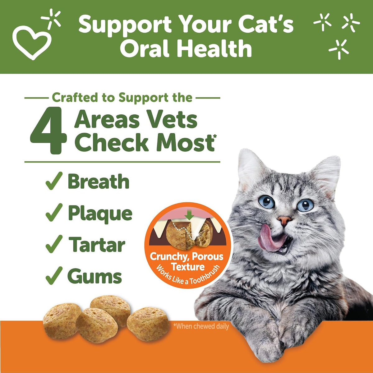 Whimzees cat dental treats packaging showing crunchy toothbrush texture