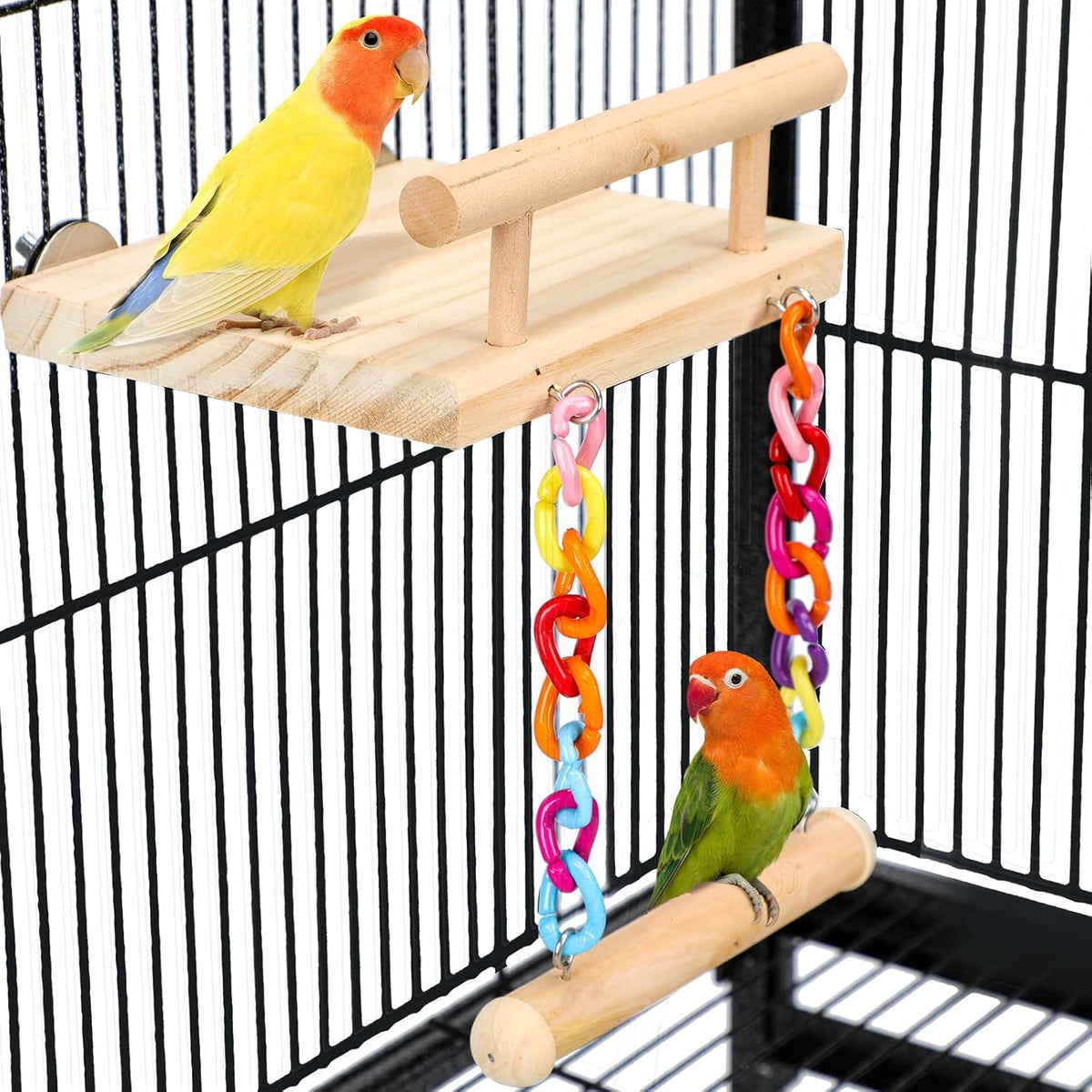 FrgKbTm bird perches wooden platform front view with acrylic swing