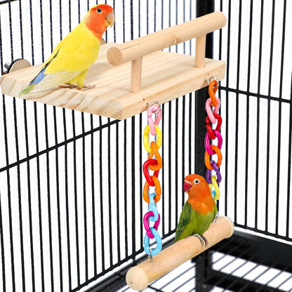 FrgKbTm bird perches wooden platform front view in cage