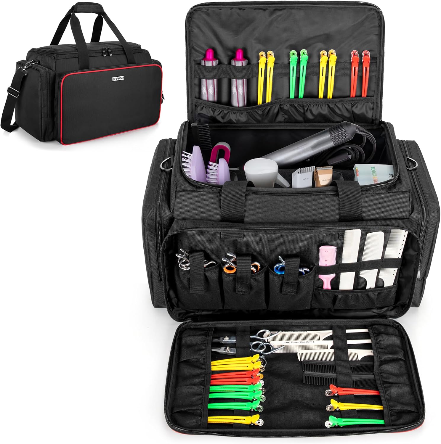 BAFASO large capacity hairdresser bag front view showcasing premium black padded polyester exterior design