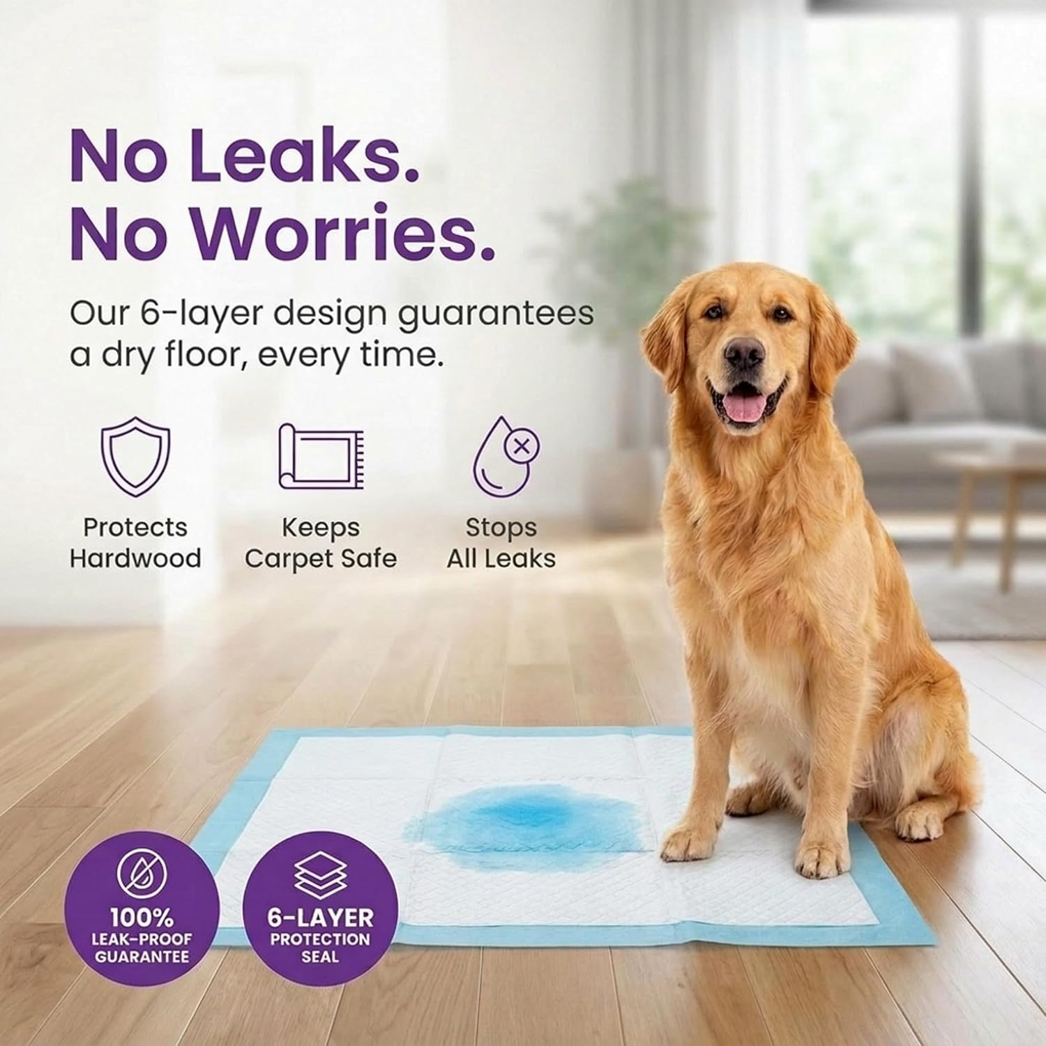 Extra large leak proof dog pee pads unfolded on a clean indoor floor showing full coverage area.