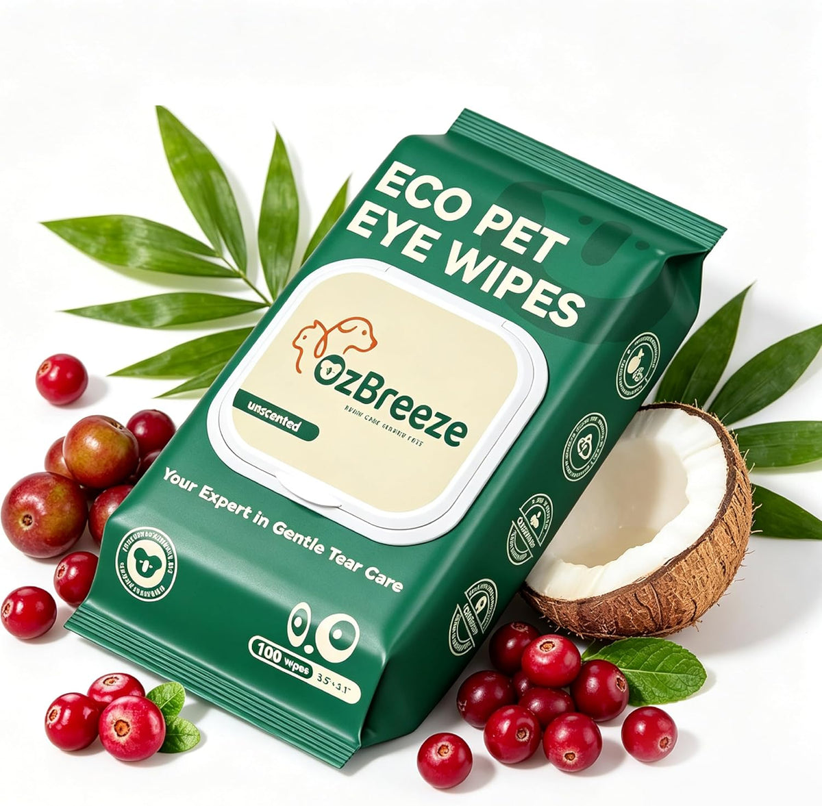 OzBreeze Eco Pet Eye Wipes 100 count front packaging view