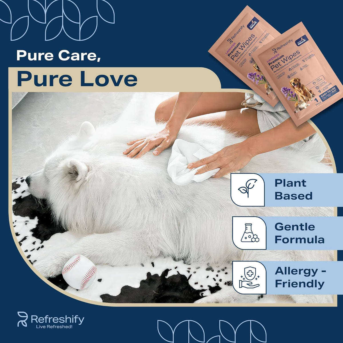 Infographic detailing the plant based and alcohol free formula of Refreshify wipes.