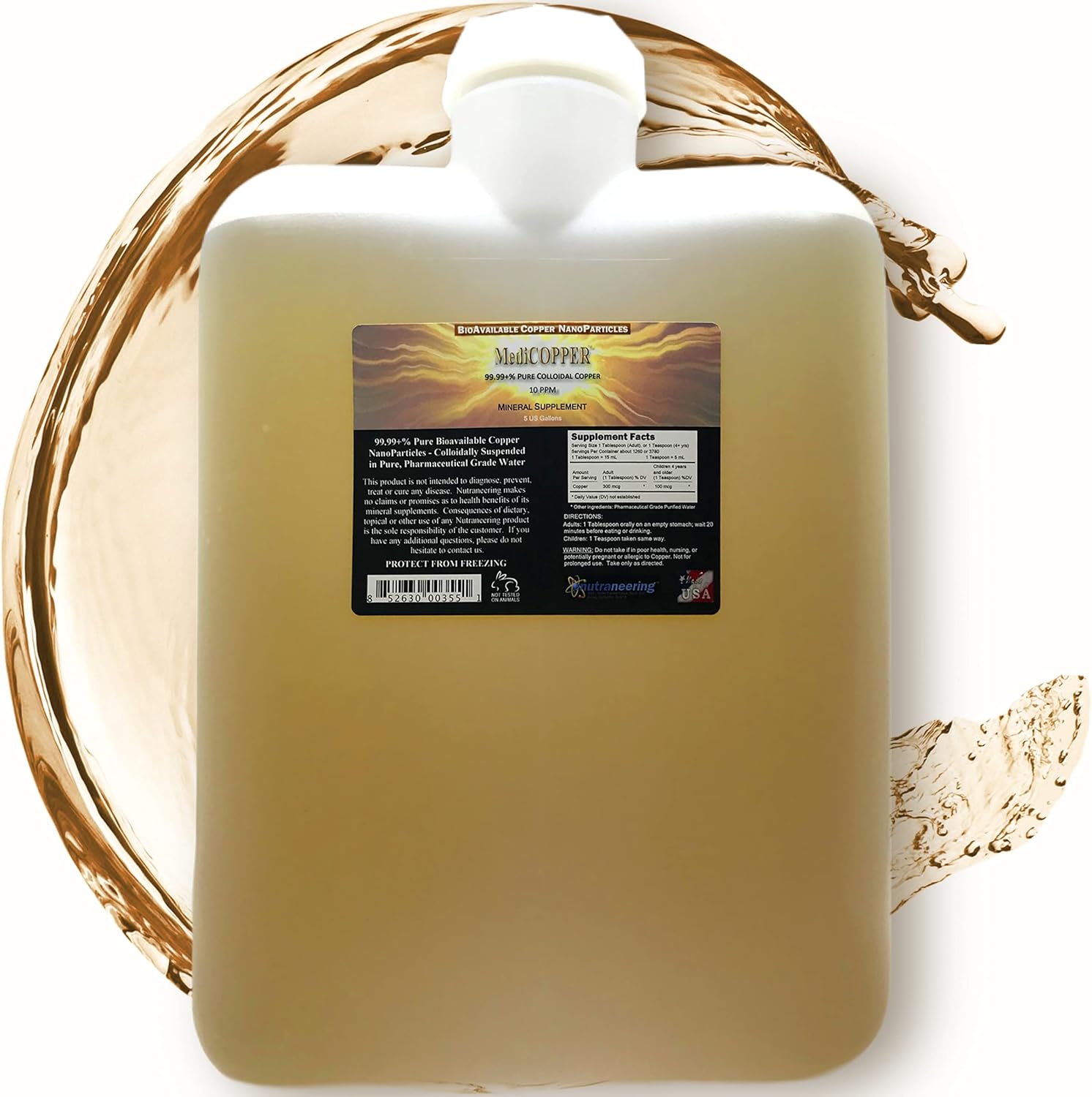 Nutraneering MediCOPPER True Colloidal Copper Liquid 5 Gallons front view showing opaque carboy packaging.