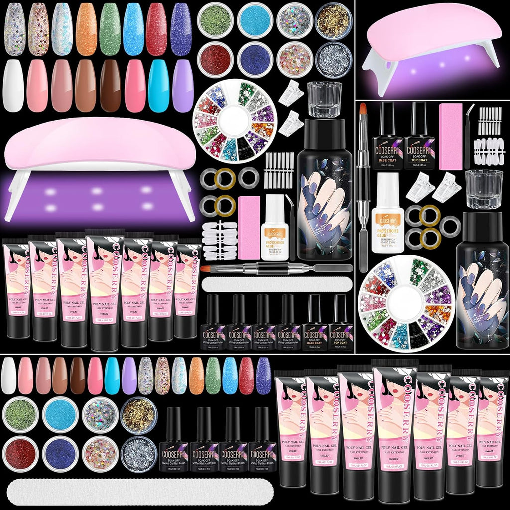 Cooserry poly gel nail kit front view showcasing all 7 color tubes and LED lamp