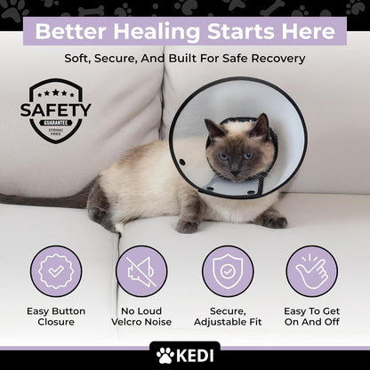 Side view of cat wearing soft protective recovery cone