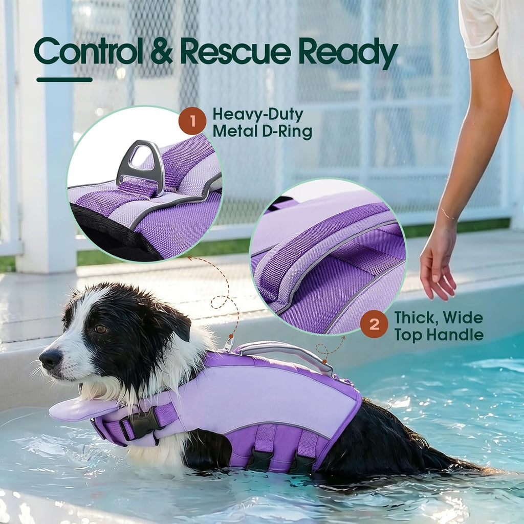 High flotation pet vest highlighting sturdy top rescue handle for safety.