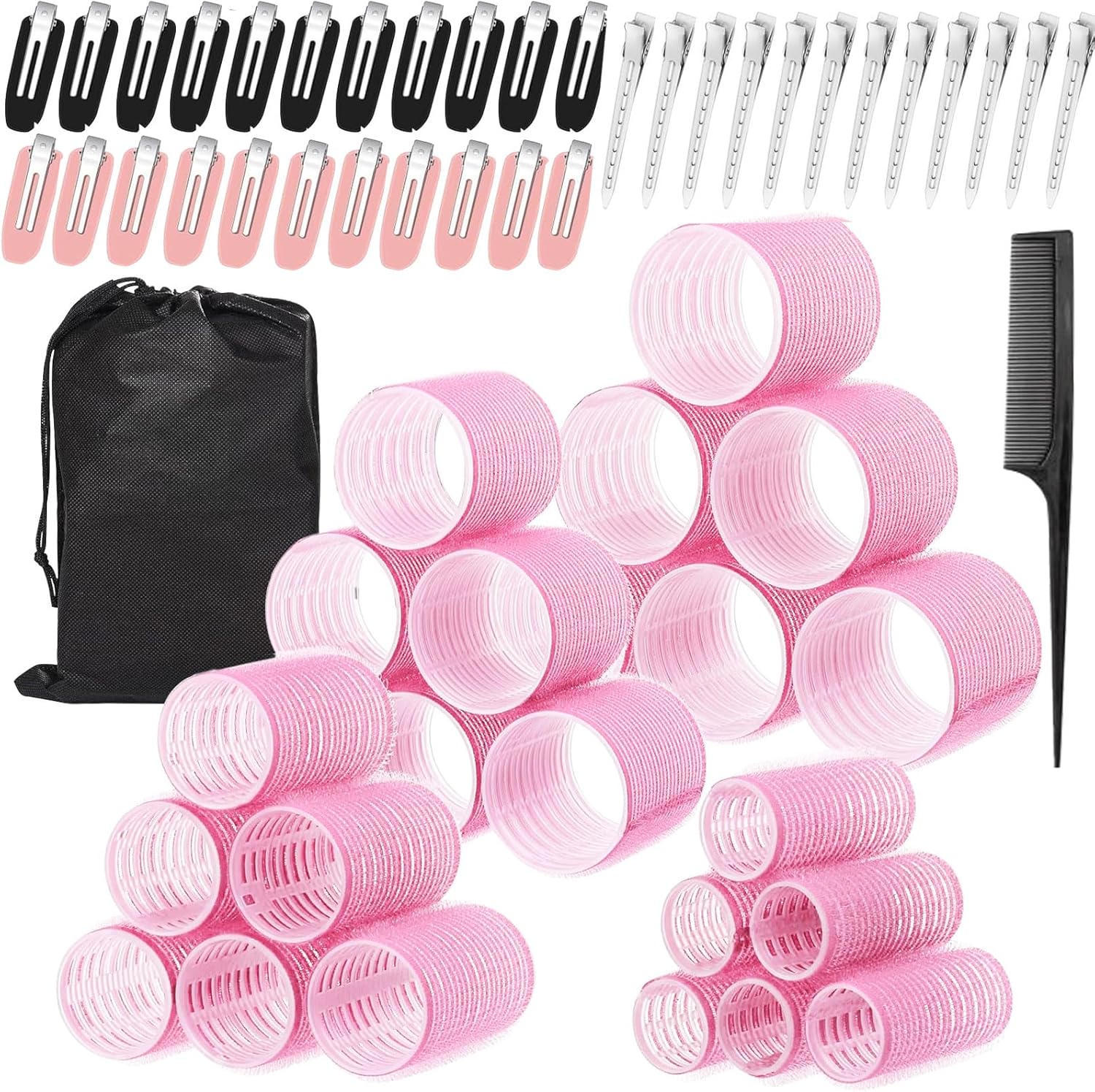 FATHBOOD AnJOLi hair rollers set front view showing pink self grip rollers and stainless steel clips