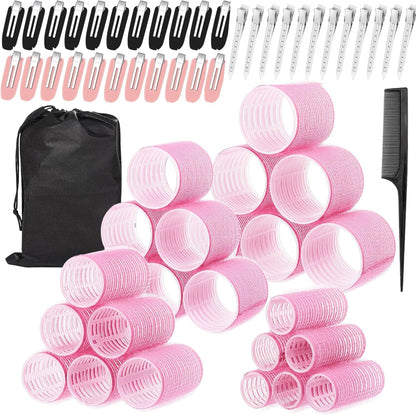FATHBOOD AnJOLi hair rollers set front view showing pink self grip rollers and stainless steel clips