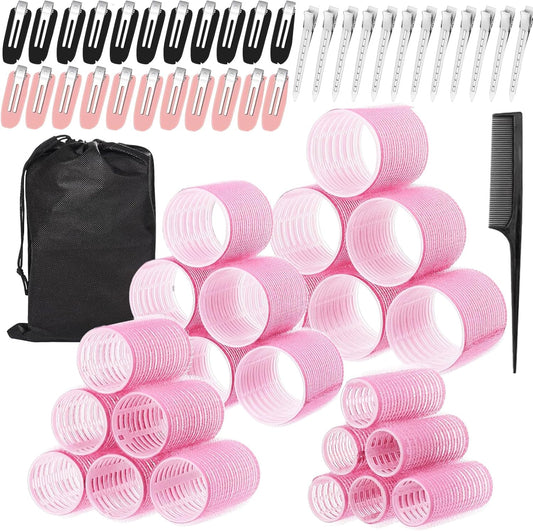FATHBOOD AnJOLi hair rollers set front view showing pink self grip rollers and stainless steel clips